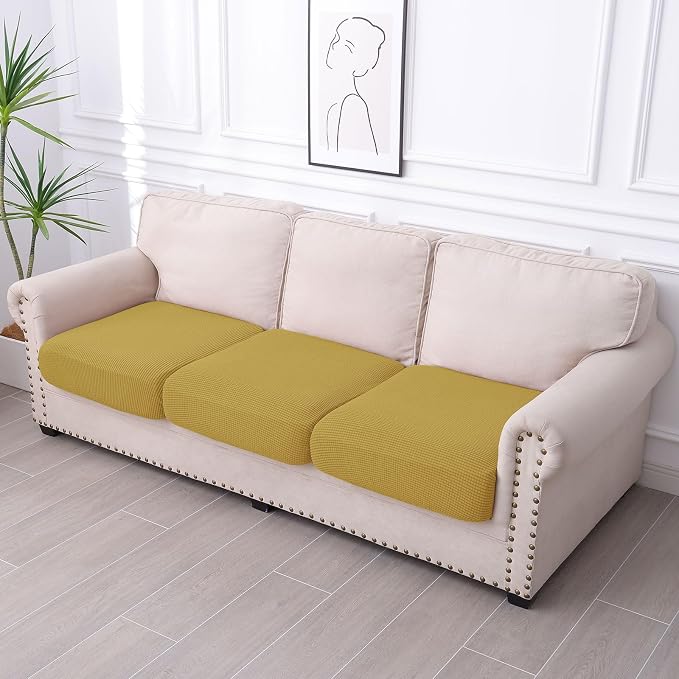 hyha Waterproof Couch Cushion Covers for Pets, Non Slip Sofa Cover for Dogs Washable, Soft Thick Stretch Jacquard Fabric, Sofa Slipcovers with Elastic Bottom (3 Pieces, Ginger Yellow)