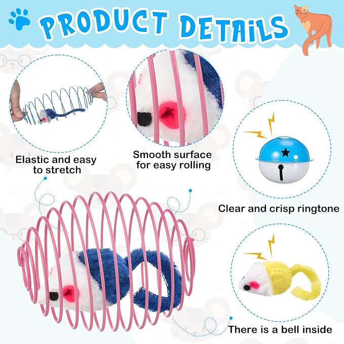 Jecery 5 Pcs Cat Spring Balls Toys Stretchable Rolling Balls Colorful Playful Coils Interactive Action Toy Caged Rats for Kitten Pet Supplies (Mouse and Bell,Mix Colors)