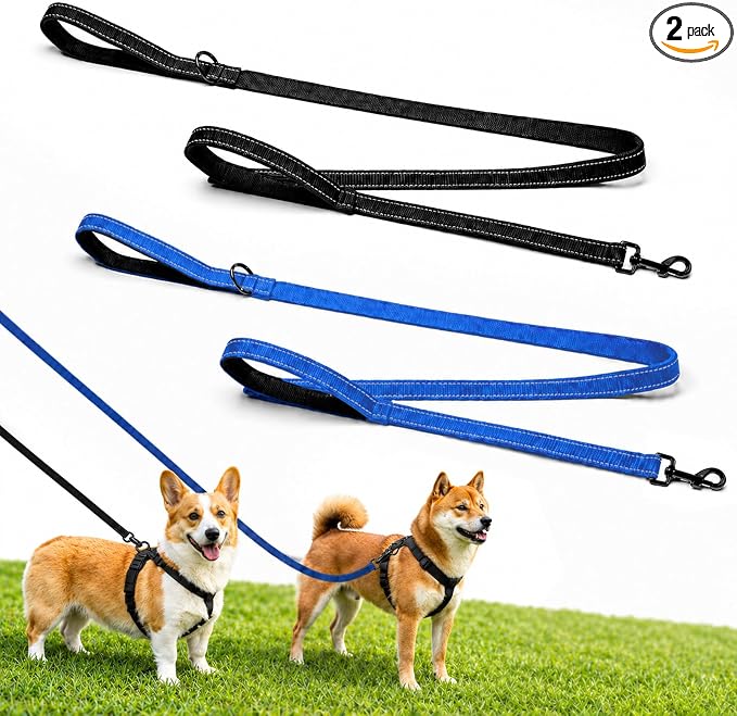 2 Pack Dual Handle Dog Leash, 6ft x 1in Heavy Duty Reflective Nylon Leash with Padded Grip, Traffic Handle, D-Ring, Tangle-Free Dog Lead for Small, Medium & Large Dogs, Safe Night Walks (Black+Blue)