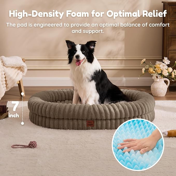 ChiXnuggle Orthopedic Dog Bed for XL Dogs, Waterproof Faux Rabbit Fur Dog Couch with Egg Crate Foam Support and Washable Removable Cover, Bolster Pet Sofa with Non-Slip Bottom, 41x30x7, Taupe
