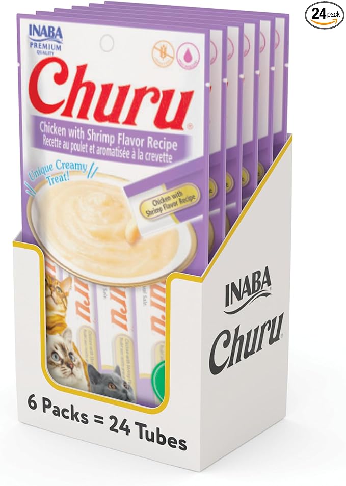 INABA Churu Cat Treats, Lickable, Squeezable Creamy Purée Cat Treat with Green Tea Extract & Taurine, 0.5 Ounces Each Tube, 24 Tubes (4 per Pack), Chicken with Shrimp Recipe