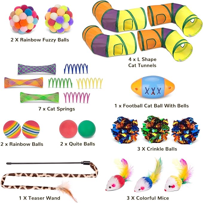 Retro Shaw Cat Toys Pack 25Pcs, Interactive Kitten Toys for Indoor Kittens Cats, Collapsible Kitty Play Tunnel Tent Feather Wand Balls Bell Springs Mouse Kitty Toys for All Breeds (4 Tunnel)