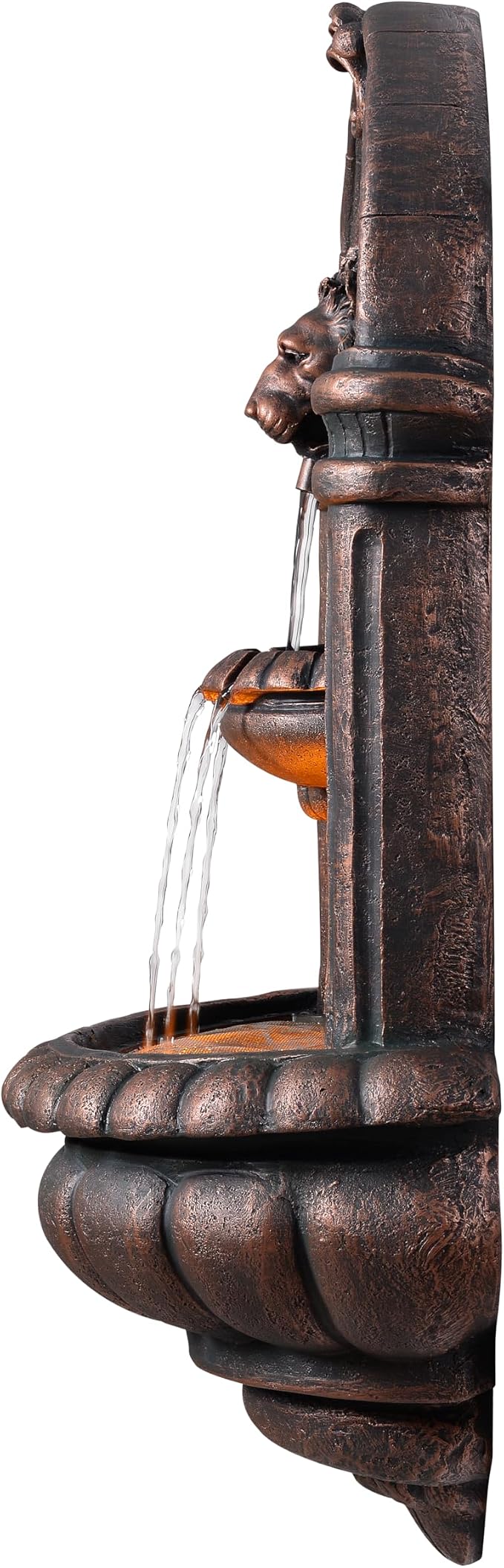 Teamson Home 32.1 in. Wall-Mounted Lion Head Stone LED Outdoor Water Fountain for Gardens, Landscaping, Patios, Balconies, Lawns to Create a Calming Oasis in Outdoor Living Spaces, Antique Bronze