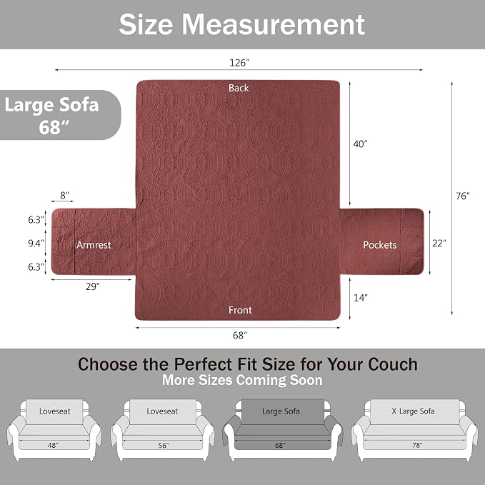 Quilted Red Sofa Slipcovers with Pockets, Anti-Slip Medallion Couch Covers for 3 Cushion Sofa, Couch Cover for Dogs Cats Water-Repellent Machine Washable (Large Sofa 68", Red)