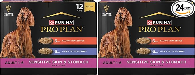 Purina Pro Plan Sensitive Skin and Stomach Wet Dog Food,Salmon and Rice-and Lamb-and Oat Meal Variety Pack - 13 oz. Cans,(Pack of 24)