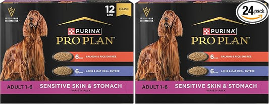 Purina Pro Plan Sensitive Skin and Stomach Wet Dog Food,Salmon and Rice-and Lamb-and Oat Meal Variety Pack - 13 oz. Cans,(Pack of 24)