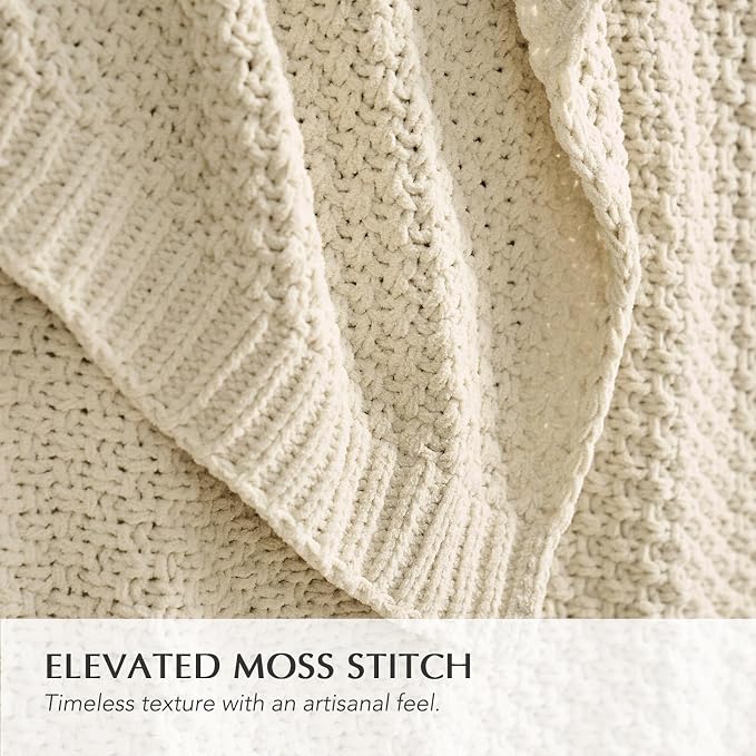 EVERGRACEHOME Chunky Chenille Knit Throw Blanket for Couch, Soft Luxurious Moss Stitch Blankets for Bed, Cozy Decorative Farmhouse Knitted Throws for Sofa, Beige, 60" x 80"