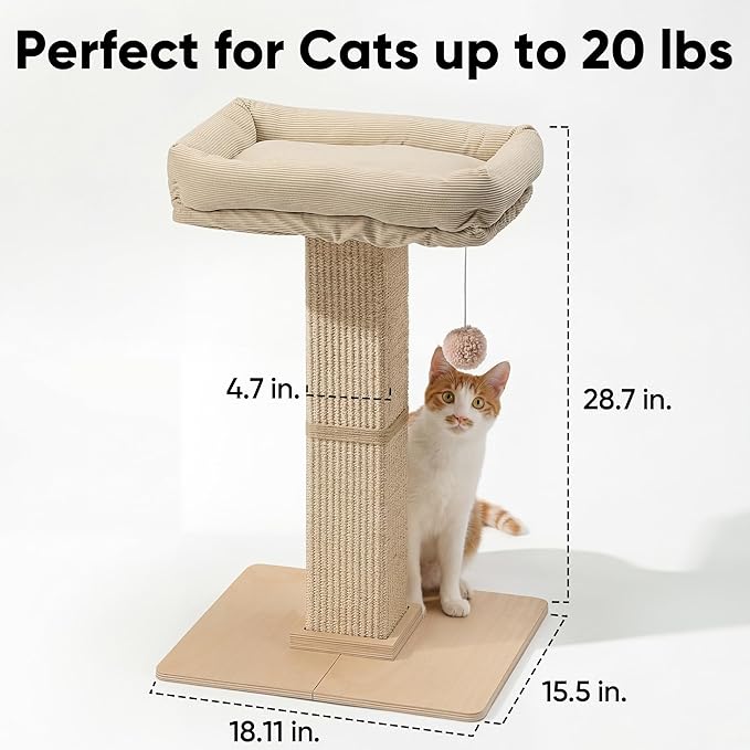 FUKUMARU Cat Scratching Post, Modern Style Tall Scratch Posts with Perch for Indoor Cats Adults, Large Cat Scratcher Tower with Bed, Small Tree with Raised Stand, Natural Sisal & Solid Wood