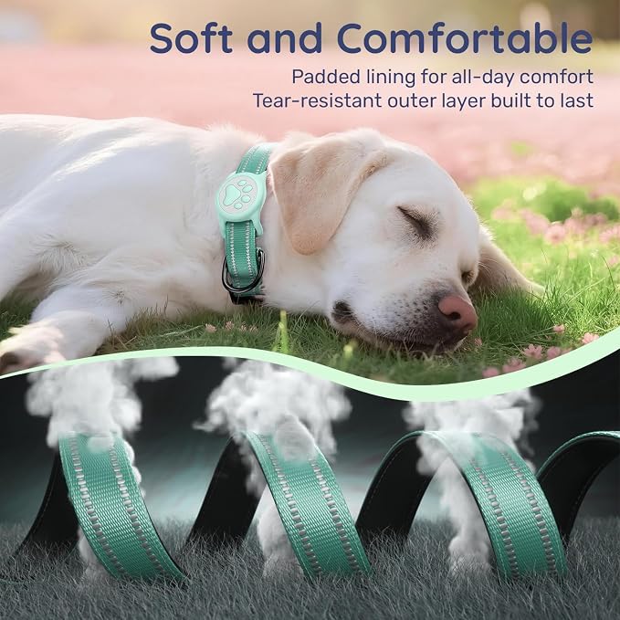 Airtag Dog Collar, Reflective Ultra-Durable Nylon Padded with QR Buckle & IP68 Waterproof Air Tag Holder Compatible for Apple AirTag, Comfortable for Small Medium Large Dogs (Green,XL)