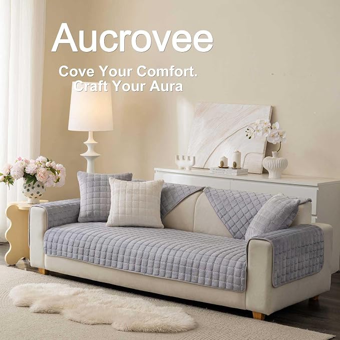 Velvet Washable Couch Cover for Pets Dogs, Non Slip Sectional Sofa Covers for 3 Cushion Couch Sofa L Sharped Sofa Slipcovers, Furniture Protector (1 PCS 36"x82", Light Grey)