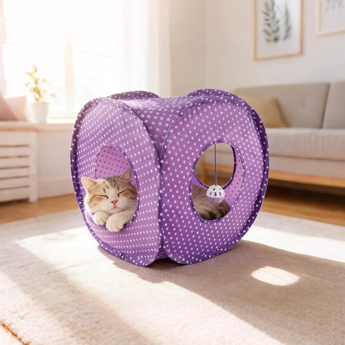 Andiker Cat Tent, 3 Holes Safe and Strong Cute Cats Tunnel Collapsible Easy to Carry Cat House for Indoor Cats Kittens Hiding Playing Training Sleeping (Square Purple)