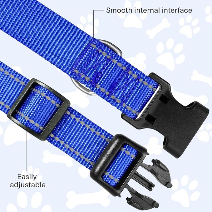 FunTags Length 16" - 24" Reflective Navy Blue Dog Collar for Large Dogs – Night Walking & Training Safety, Durable Quick Release Buckle, Nylon, Comfortable Adjustable, Width 1"