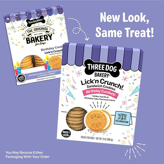 Three Dog Bakery Birthday Confetti Lick’n Crunch Dog Treats, Vanilla Sandwich Cookies with Cake-Flavored Crème Filling & Sprinkles, Oven-Baked Birthday Dog Cookies for Everyday Celebrations, 13 oz
