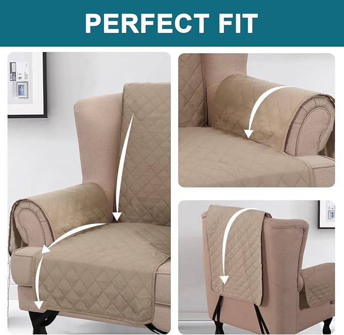 Turquoize 100% Waterproof Wing Chair Cover Wing Armchair Slipcovers Chair Couch Protector Triple Non-Slip Sofa Slipcover for Wing Chair Furniture Protector for Pets, Kids,Dog (Wing Chair, Khaki)