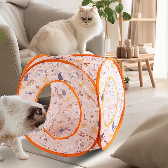 Andiker Cat Tent, 3 Holes Safe and Strong Cute Cats Tunnel Collapsible Easy to Carry Cat House for Indoor Cats Kittens Hiding Playing Training Sleeping (Square Orange)