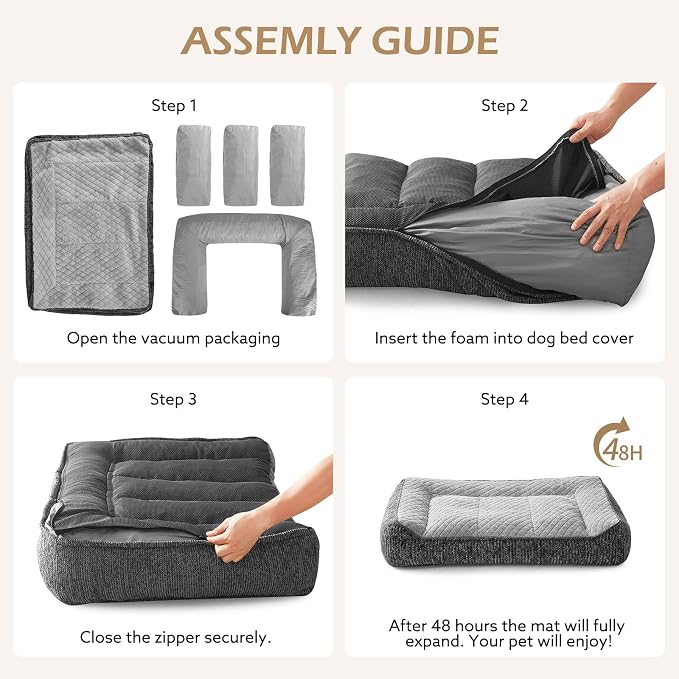 JOEJOY Extra Large Orthopedic Dog Beds Large Sized Dog, Extra Thick Foam Pet Bed Sofa with Bolster Sides, Large Sized Dog Bed with Removable Washable Cover, Non-Slip Bottom, Light Grey, 48''x35''