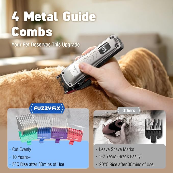 Professional Dog Clippers for Grooming Thick Coats, Upgraded Metal Guide Comb Low Noise Cordless Dog Grooming Kit, Dogs Hair Clippers with 2 Detachable Stainless Steel Blade for Curly/Wavy/Matted Fur