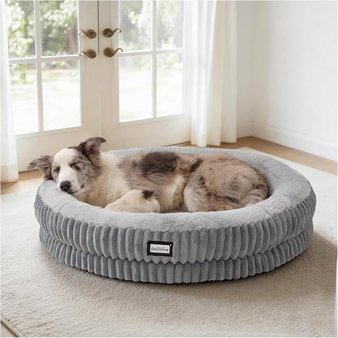 BALANCE Donut Dog Bed, 36 Inches Round Dog Bed Large Size Dogs Washable, Orthopedic Calming Dogs Beds for Pets, Fluffy Plush Faux Fur Pet Bed with Anti-Slip Bottom