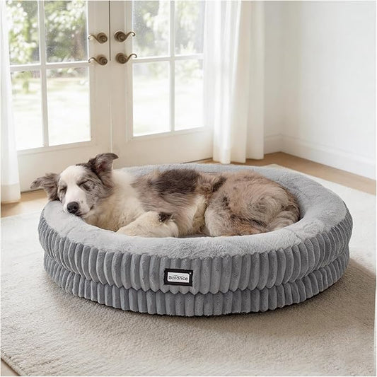 BALANCE Donut Dog Bed, 36 Inches Round Dog Bed Large Size Dogs Washable, Orthopedic Calming Dogs Beds for Pets, Fluffy Plush Faux Fur Pet Bed with Anti-Slip Bottom