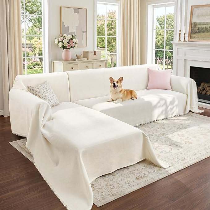 CAPALOCA Sectional Couch Covers, 2 Pieces Chenille Sofa Cover L Shaped Couch Cover Blanket for Dogs Washable Sofa Slipcovers Pet Furniture Protector (XXX-Large: 71" x 118" + 91" x 134", Beige)