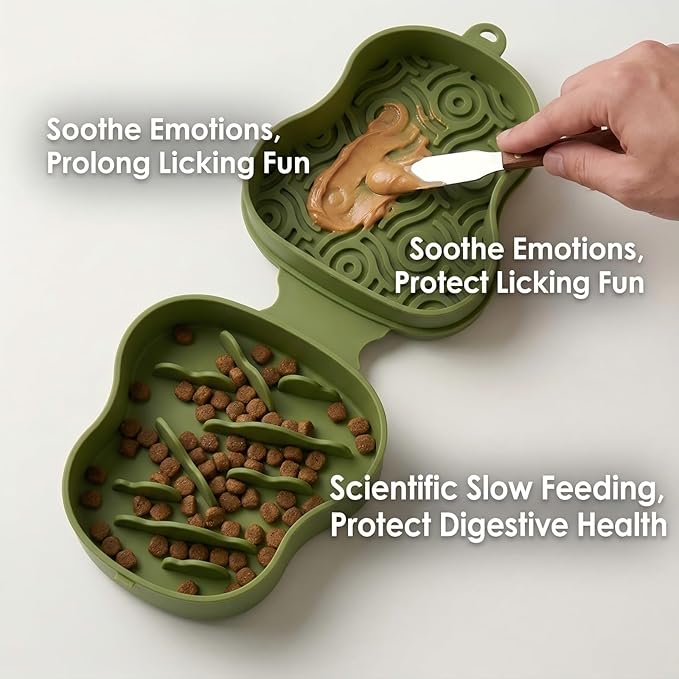 Collapsible Dog Travel Bowl with Lid, Portable Slow Feeder & Lick Mat Combo, Mess-Free Clamshell Silicone Water Dish for Hiking (Khaki)