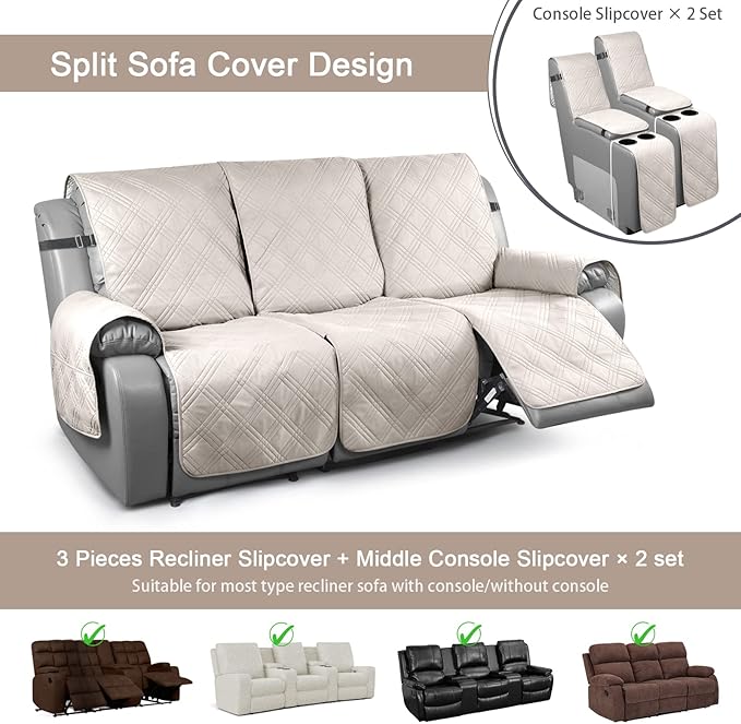 TAOCOCO 100% Waterproof Recliner Couch Covers with Console, Sofa Covers for Reclining Sofa 3 Seat with Straps Design, Split Recliner Sofa Cover Furniture Pets Kids Protector (3 Seater, Cream)