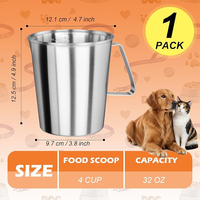 4 Cup Dog Food Scoop 304 Stainless Steel Dog Food Measuring Cups for Cat or Bird Pet Foods, Injection Molded and Dishwasher Safe (4 Cup)