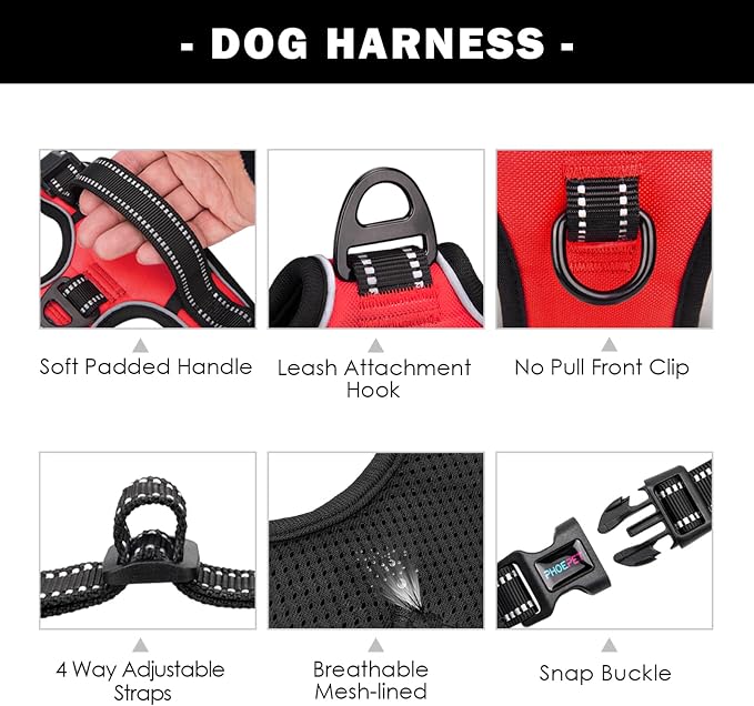 PHOEPET Reflective Dog Harness Large Breed Adjustable No Pull Vest with Handle 2 Metal Rings 3 Buckles [Easy to Put on & Take Off](L, Red)