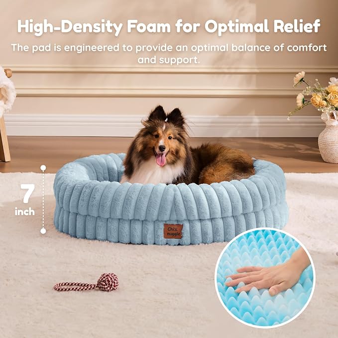 ChiXnuggle Orthopedic Dog Bed for Medium Dogs, Waterproof Faux Rabbit Fur Dog Couch with Egg Crate Foam Support and Washable Removable Cover, Bolster Pet Sofa with Non-Slip Bottom, 30x24x7, Light Blue
