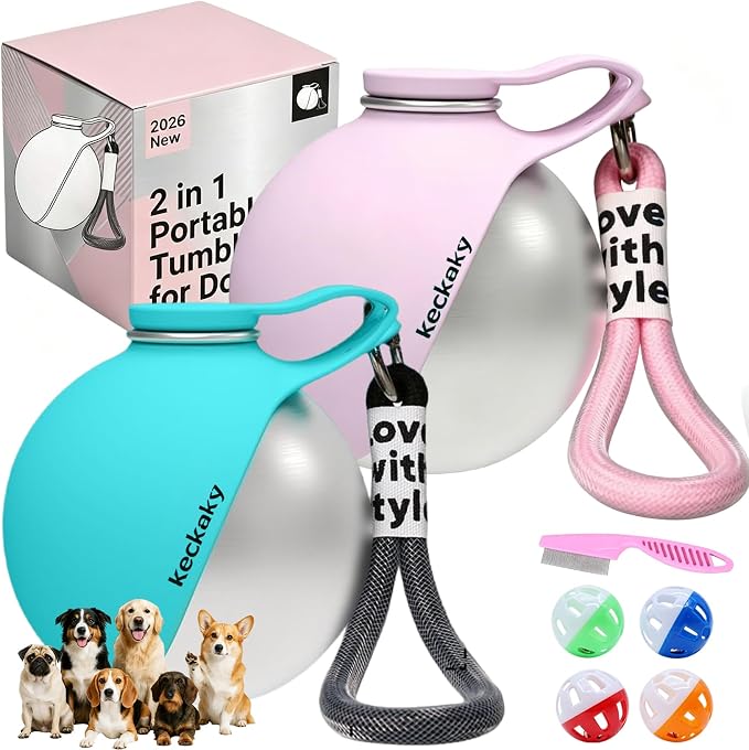 2 in 1 Portable Dog Water Bottle, 2026 New 10oz Spherical Stainless Steel Pet Bottle with Silicone Foldable Bowl, No-Spill Leak-Proof Design, Dog Water Bottle for Walking, Hiking, Travel (Pink+Blue)