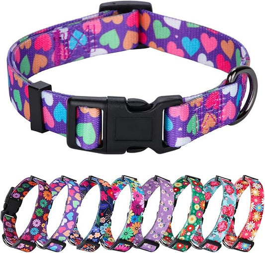 Girl Dog Collars Spring Cute Heart Pattern Lovely Print Purple for Medium Dogs
