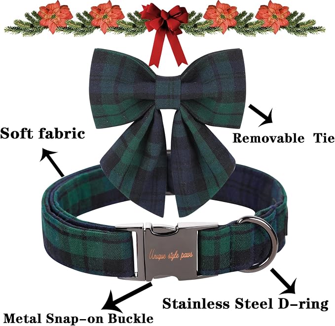 Unique style paws Christmas Dog Collar with Bow Tie Green Plaid Puppy Collar for Small Medium Large Dogs as Autumn Winter Pet Gifts-XL