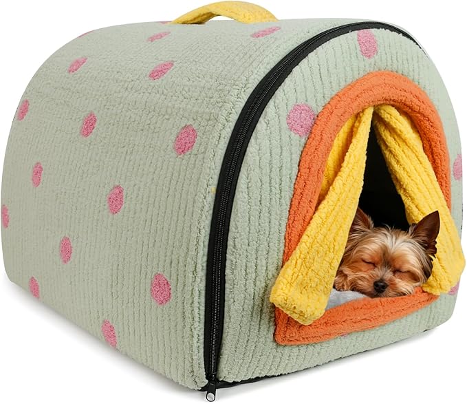 Dog House Indoor for Small Dogs, 2-in-1 Enclosed Dog Bed with Cover Cave & Curtain, Dog Tent with Plush Washable Cushion, Inside Dog House for Pets Under 17 lbs(Green, Medium)