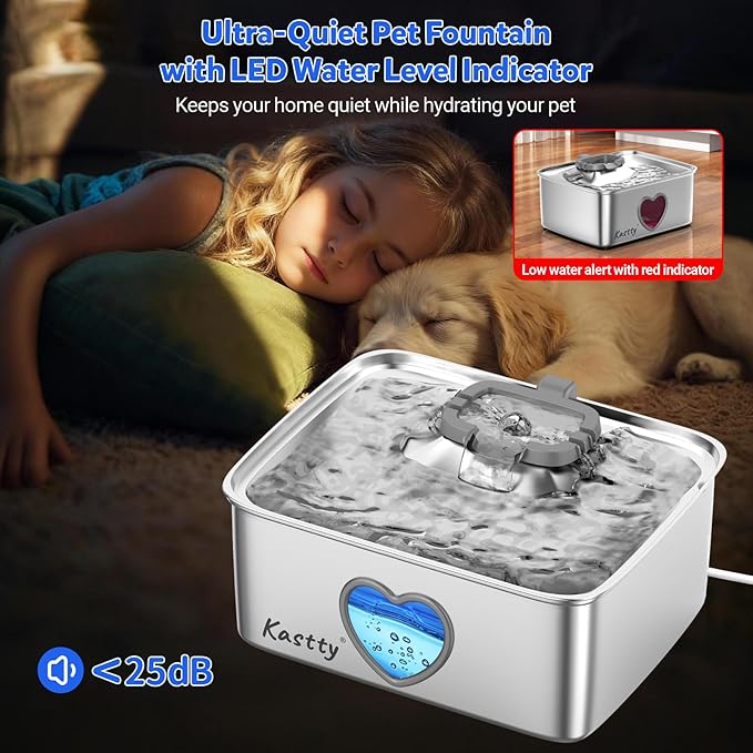 Kastty Large Dog Water Fountain, 15l/4gal Stainless Steel AUTO Pet Water Bowl Dispenser Indoor, 5-Stage Filtration, Dual-Color LED, Visual Window, Quiet, for Large Medium Dogs & Multi-Pet, FS80