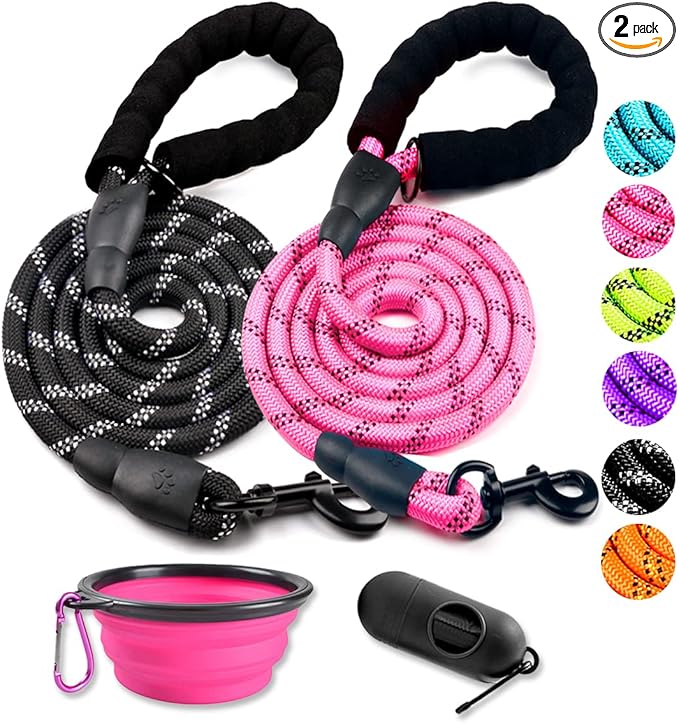 COOYOO 2 Pack Dog Leash 5 FT Heavy Duty - Comfortable Padded Handle - Reflective Dog Leash for Medium Large Dogs with Collapsible Pet Bowl