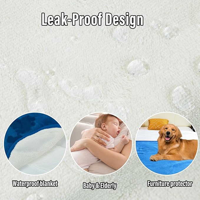 Ahinahwap Waterproof Blanket for Bed Couch Sofa, 60"x80" Reversible & Washable, Waterproof Blanket Queen Size, Water Resistant Twin Bed Blankets, Leakproof (Blue/Warm White)