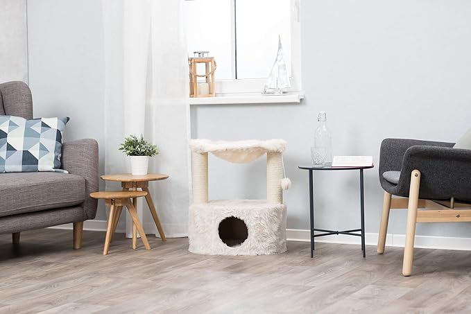 TRIXIE Baza Grande Cat Scratching Post 23,6 Inch - with Durable Sisal Rope and with Fluffy Hammock, Dangling Cat Toy & Cuddly Cat Cave - in Cream