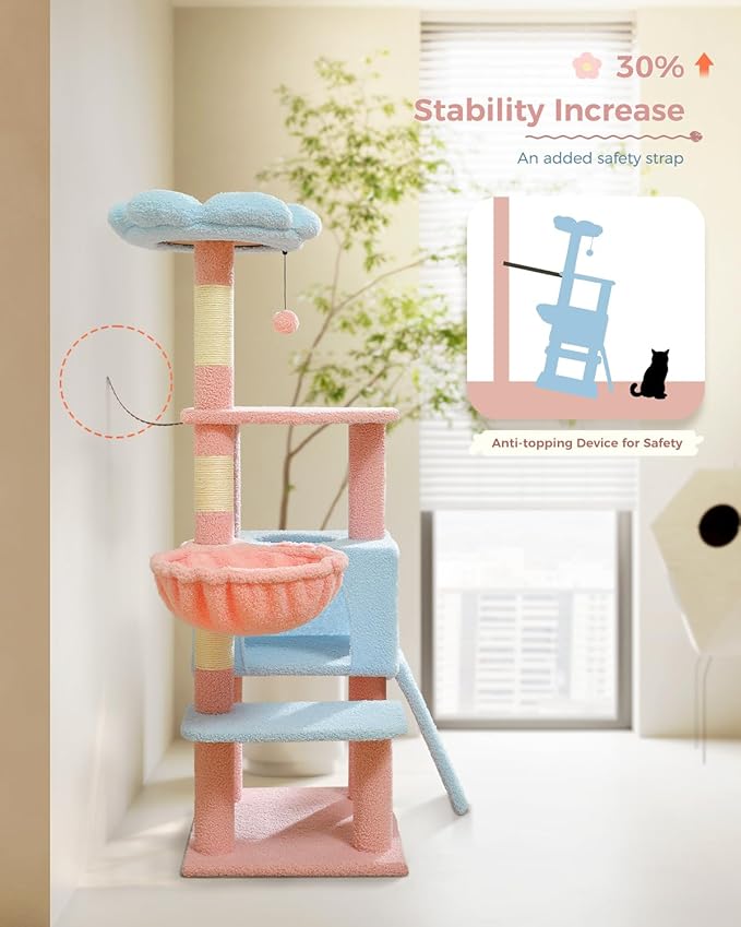 MUTTROS Flower Cat Tree 47.2" Multi-Level Cat Tower with Sisal Covered Scratching Posts, Cute Cat Condo for Indoor Small Medium Cats, Pink Top Perch, Ramp, Fluffy Ball, Blue