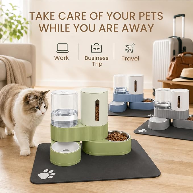 Gravity Cat Feeder 2 Pack Automatic Food Feeder and Water Dispenser Set Detachable Pet Bowl with Silicone Mat for Cats Small Medium Dogs, Large Capacity(Green)