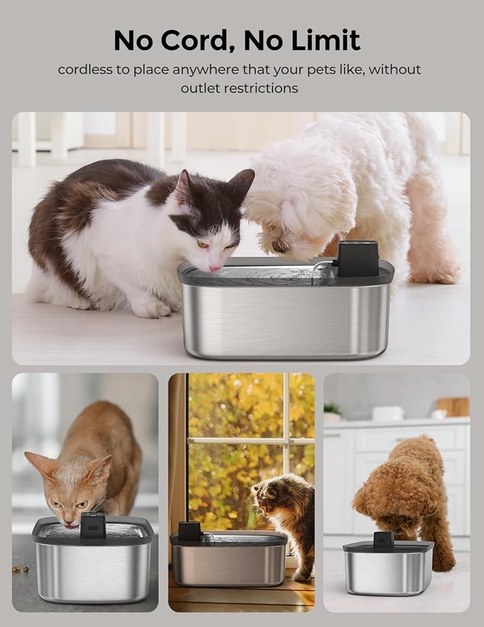 Wireless 7.5l/254oz/2Gal Dog Water Fountain for Large Dogs Stainless Steel, Quiet Pet & Cat Water Fountain with Motion Sensor, Automatic Water Dispenser for Dogs&Multi-Pet Homes Continuous Fresh Flow
