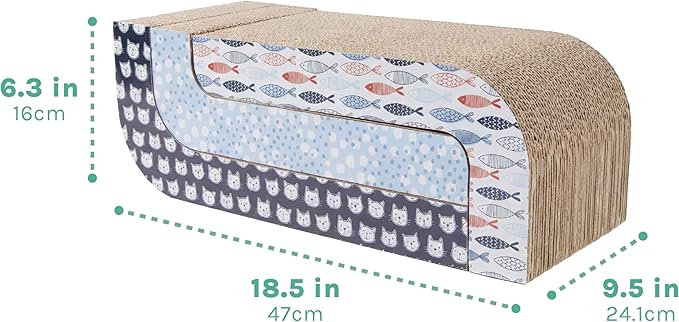Kitty City 3‑Pack Corrgate Cat Scratcher Pads with Catnip - Horizontal Nail Filing Scratch Mat, Durable Couch Lounger Bed Alternative, Cat Scratch Toy - Cute Fish & Cats Design, Large 18.5” x 9.5”