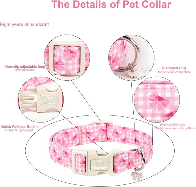 Girl Dog Collar Pink Gingham Bow Dog Collars for Medium Dogs - Lightweight Adjustable Girly Spring Female Dogs Everyday Collar with Safety Buckle M