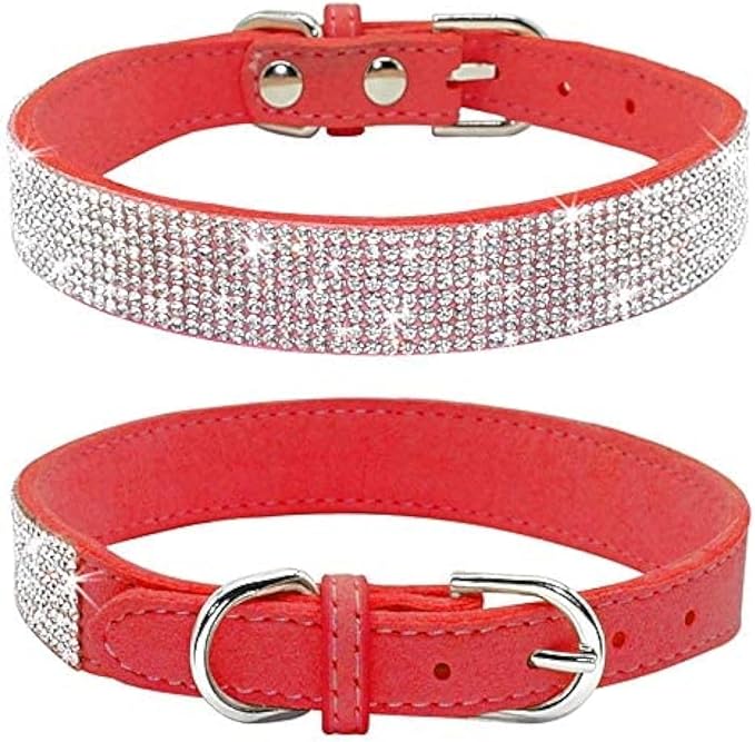 Rhinestone Dog Collar, Cute Dazzling Sparkling Soft Suede Leather Dog Cat Rhinestone Collar Crystal Diamond Pet Dog Puppy Collar(Red,S)