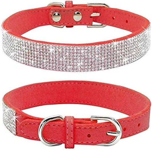 Rhinestone Dog Collar, Cute Dazzling Sparkling Soft Suede Leather Dog Cat Rhinestone Collar Crystal Diamond Pet Dog Puppy Collar(Red,S)