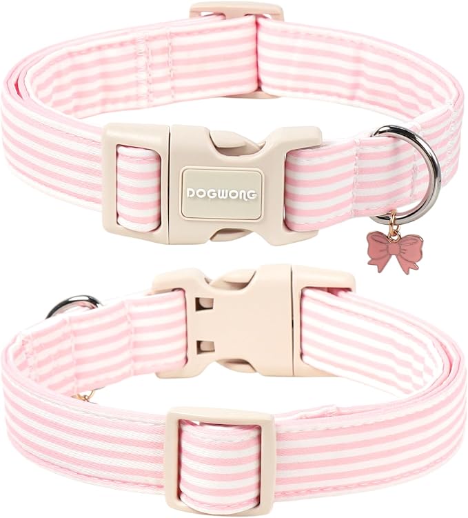 DOGWONG Pink Dog Collar, Spring Summer Stripped Dog Collar with Plastic Buckle, Soft Cotton Girl Dogs Collars for Large Dogs, Neck 42-66 inches