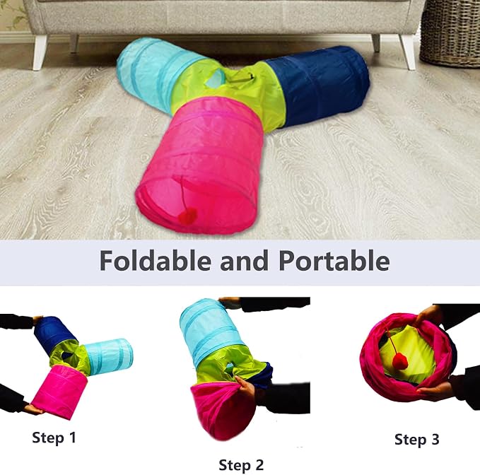 Cat Tunnel Tube Toys，Tunnels for Indoor Cats, 3 Way Colorful Collapsible Interactive Toy with Balls for Rabbits, Kittens, Ferrets, Puppy