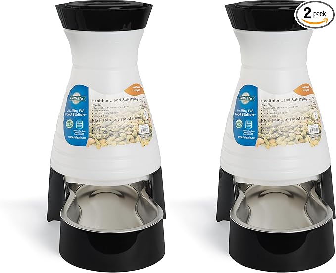 PetSafe Healthy Pet Food Station-Medium, 4 lb Kibble Capacity-Gravity Pet Feeder Dry Food Dispenser, Automatic Cat Feeder, Small to Medium-Removable Stainless Steel Bowl (Pack of 2)