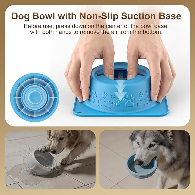 Slow Feeder Dog Bowl for Liquid Treats, Anti-Slip Lick Bowl, Bone Broth and Yogurt Puzzle Feeder, No Spill Pet Bowl Pup Lick Toy for Large Medium Small Dogs and Cats, Anxiety Relief, Blue