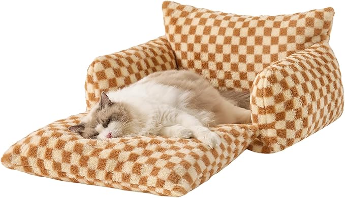 Hollypet Cat Bed Fluffy Plush Multifunctional Double-Layer Machine Washable Soft Warming Kitty Pet Couch Orthopedic Nest Beds for Small Cats Kitten and Dogs up to 13lbs, Brown ＆ Yellow(25x20x13in)