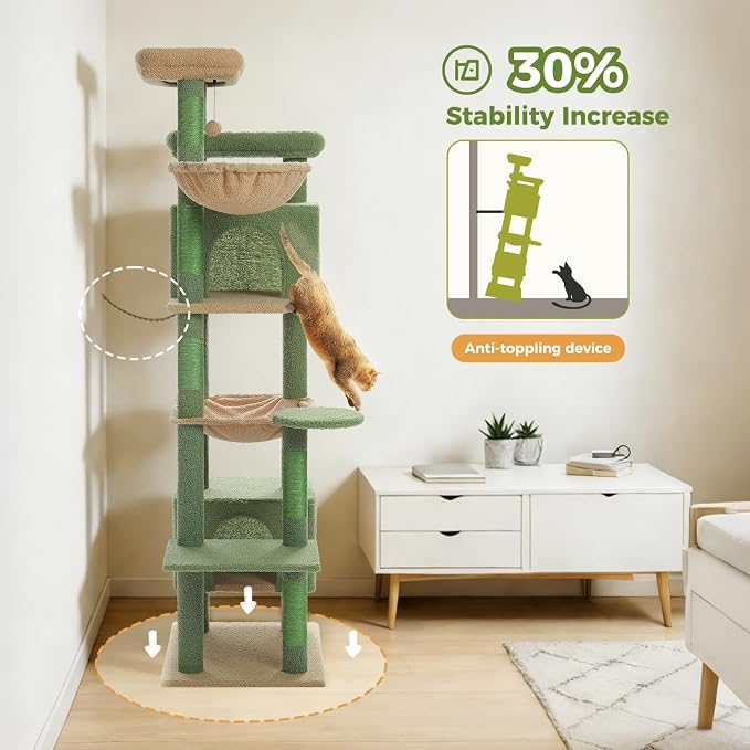 69” Tall Cat Tree for Indoor Cats Large Adult, Multi-Level Cat Tower with Scratching Post, Dual Top Perches, Big Hammock & 2 Spacious Condos, Cat Furniture for Multi-Cat Households, Green